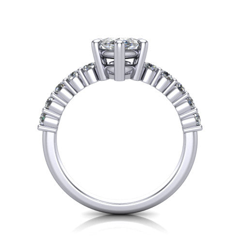 Fernanda marquise solitaire engagement ring in Platinum, through-finger front profile showing the open gallery and pave shoulders
