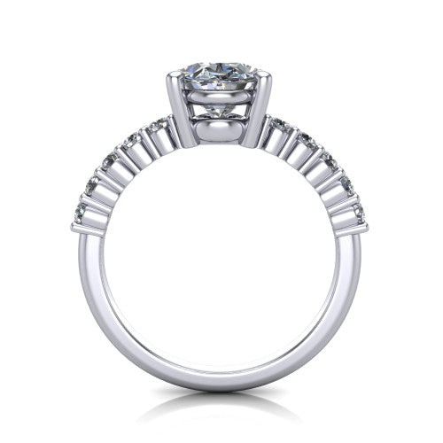 Fernanda oval solitaire engagement ring in 18K White Gold, through-finger front profile showing the open gallery and pave shoulders