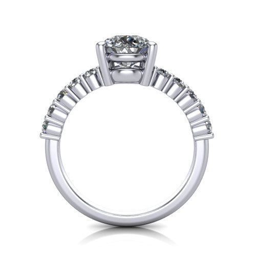 Fernanda pear solitaire engagement ring in 18K White Gold, through-finger front profile showing the open gallery and pave shoulders