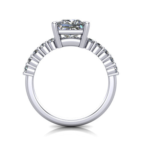 Fernanda princess solitaire engagement ring in Platinum, through-finger front profile showing the open gallery and pave shoulders
