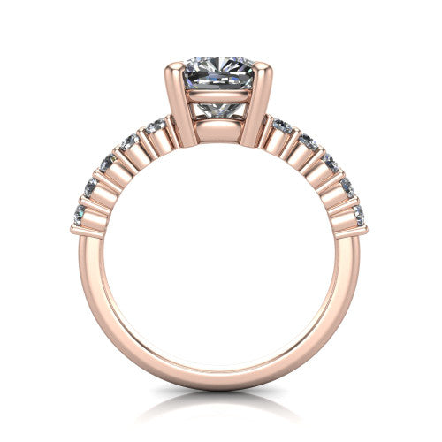 Fernanda cushion solitaire engagement ring in 18K Rose Gold, through-finger front profile showing the open gallery and pave shoulders