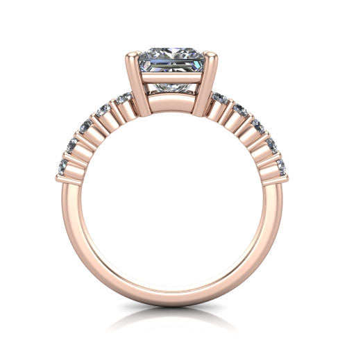 Fernanda princess solitaire engagement ring in 14K Rose Gold, through-finger front profile showing the open gallery and pave shoulders