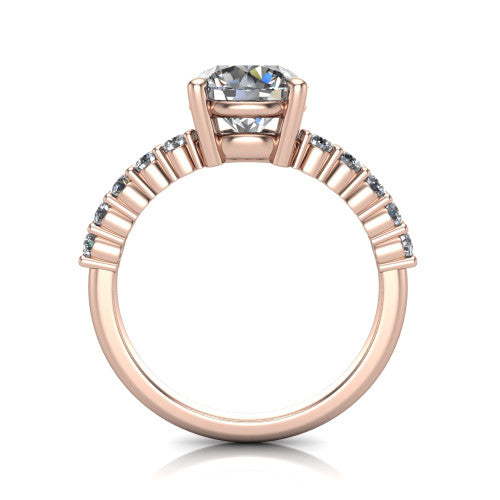 Fernanda round solitaire engagement ring in 14K Rose Gold, through-finger front profile showing the open gallery and pave shoulders