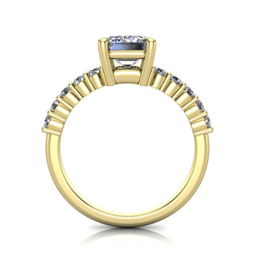 Fernanda emerald solitaire engagement ring in 14K Yellow Gold, through-finger front profile showing the open gallery and pave shoulders