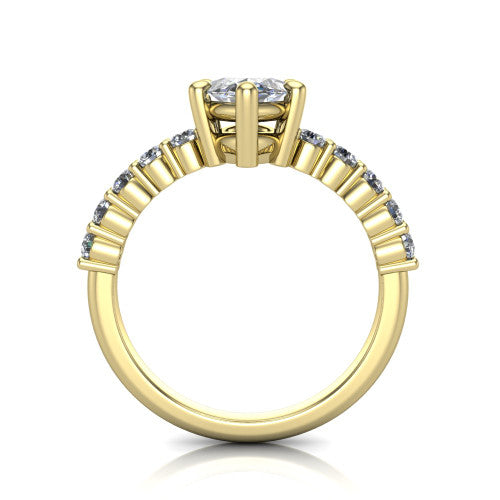 Fernanda marquise solitaire engagement ring in 18K Yellow Gold, through-finger front profile showing the open gallery and pave shoulders