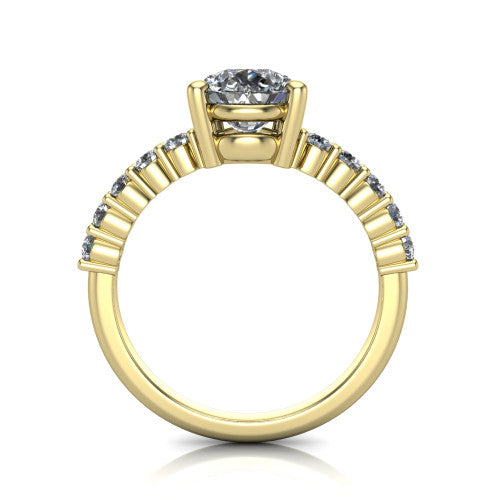 Fernanda pear solitaire engagement ring in 14K Yellow Gold, through-finger front profile showing the open gallery and pave shoulders