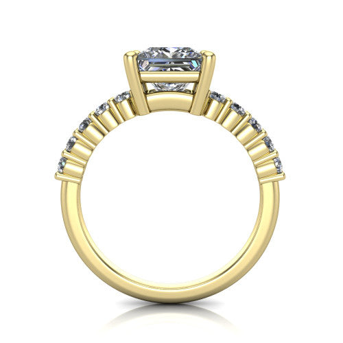 Fernanda princess solitaire engagement ring in 14K Yellow Gold, through-finger front profile showing the open gallery and pave shoulders