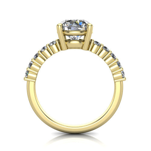 Fernanda round solitaire engagement ring in 18K Yellow Gold, through-finger front profile showing the open gallery and pave shoulders