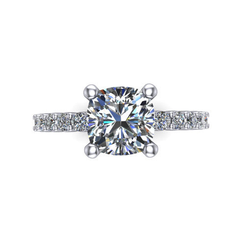 Fernanda cushion solitaire engagement ring in 18K White Gold, top-down view showing the cushion center diamond and pave band
