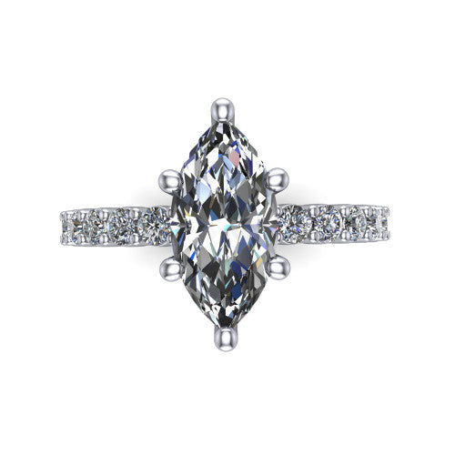 Fernanda marquise solitaire engagement ring in 14K White Gold, top-down view showing the marquise center diamond and pave band