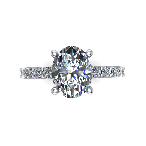 Fernanda oval solitaire engagement ring in 18K White Gold, top-down view showing the oval center diamond and pave band