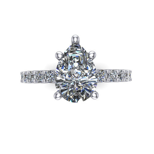 Fernanda pear solitaire engagement ring in 14K White Gold, top-down view showing the pear center diamond and pave band