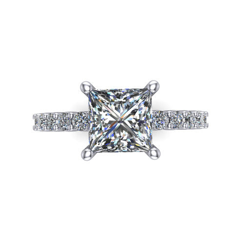 Fernanda princess solitaire engagement ring in Platinum, top-down view showing the princess center diamond and pave band