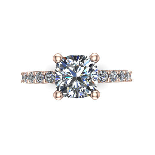 Fernanda cushion solitaire engagement ring in 18K Rose Gold, top-down view showing the cushion center diamond and pave band