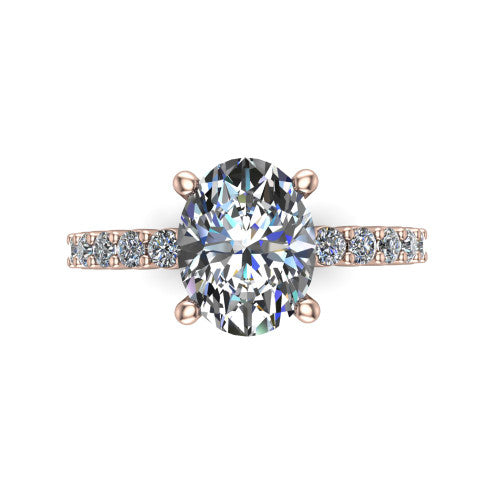 Fernanda oval solitaire engagement ring in 18K Rose Gold, top-down view showing the oval center diamond and pave band