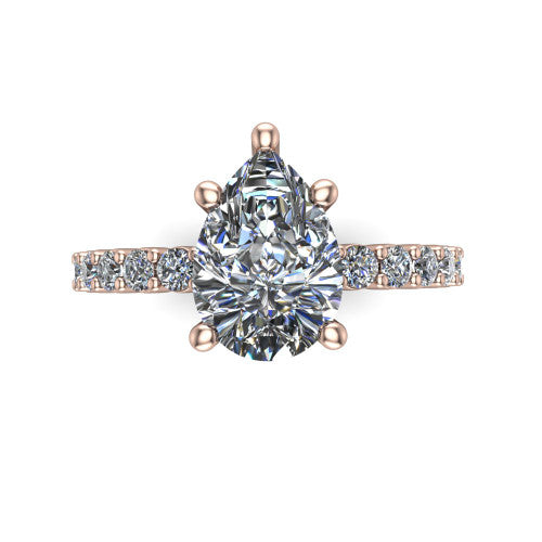Fernanda pear solitaire engagement ring in 18K Rose Gold, top-down view showing the pear center diamond and pave band