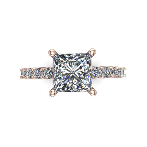 Fernanda princess solitaire engagement ring in 14K Rose Gold, top-down view showing the princess center diamond and pave band