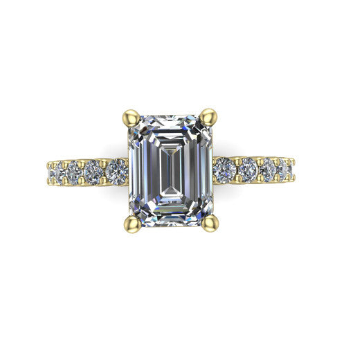 Fernanda emerald solitaire engagement ring in 14K Yellow Gold, top-down view showing the emerald center diamond and pave band