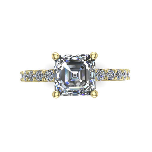 Fernanda square emerald solitaire engagement ring in 18K Yellow Gold, top-down view showing the square emerald center diamond and pave band