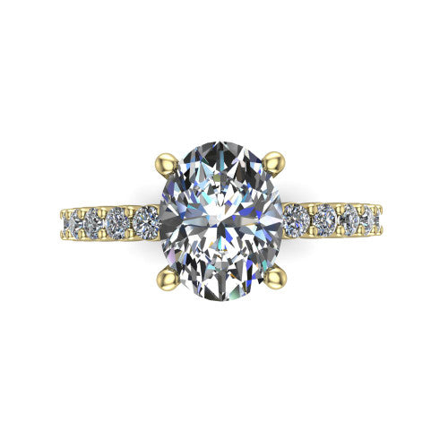 Fernanda oval solitaire engagement ring in 18K Yellow Gold, top-down view showing the oval center diamond and pave band