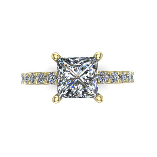 Fernanda princess solitaire engagement ring in 14K Yellow Gold, top-down view showing the princess center diamond and pave band