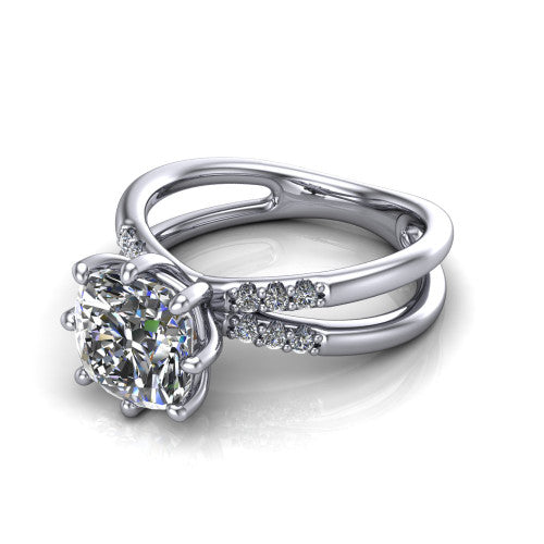 Raven cushion solitaire engagement ring in 18K White Gold, three-quarter perspective showing the cushion center diamond above a split dual-shank band