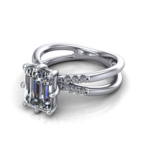 Raven emerald solitaire engagement ring in 14K White Gold, three-quarter perspective showing the emerald center diamond above a split dual-shank band