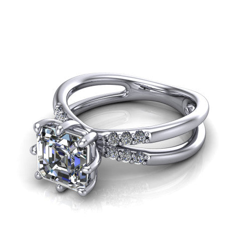 Raven square emerald solitaire engagement ring in 14K White Gold, three-quarter perspective showing the square emerald center diamond above a split dual-shank band