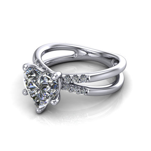 Raven heart solitaire engagement ring in Platinum, three-quarter perspective showing the heart center diamond above a split dual-shank band