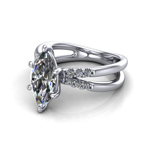 Raven marquise solitaire engagement ring in 18K White Gold, three-quarter perspective showing the marquise center diamond above a split dual-shank band