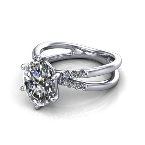 Raven oval solitaire engagement ring in Platinum, three-quarter perspective showing the oval center diamond above a split dual-shank band