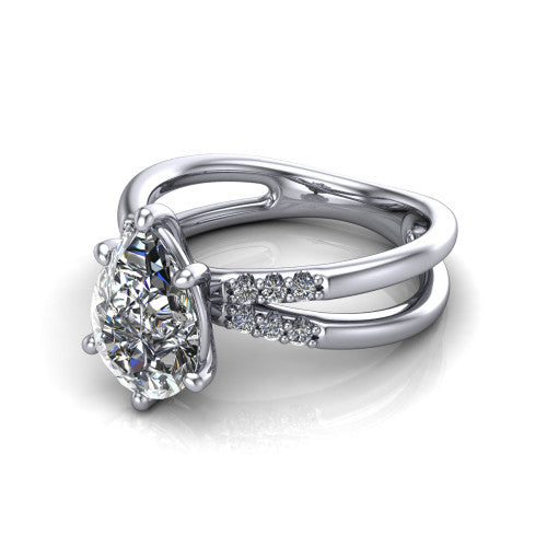 Raven pear solitaire engagement ring in 14K White Gold, three-quarter perspective showing the pear center diamond above a split dual-shank band