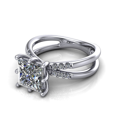 Raven princess solitaire engagement ring in 18K White Gold, three-quarter perspective showing the princess center diamond above a split dual-shank band