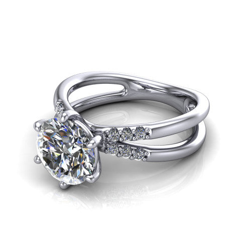 Raven round solitaire engagement ring in 14K White Gold, three-quarter perspective showing the round center diamond above a split dual-shank band