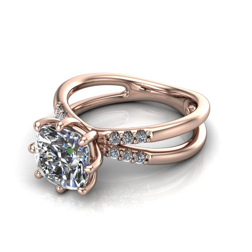 Raven cushion solitaire engagement ring in 18K Rose Gold, three-quarter perspective showing the cushion center diamond above a split dual-shank band