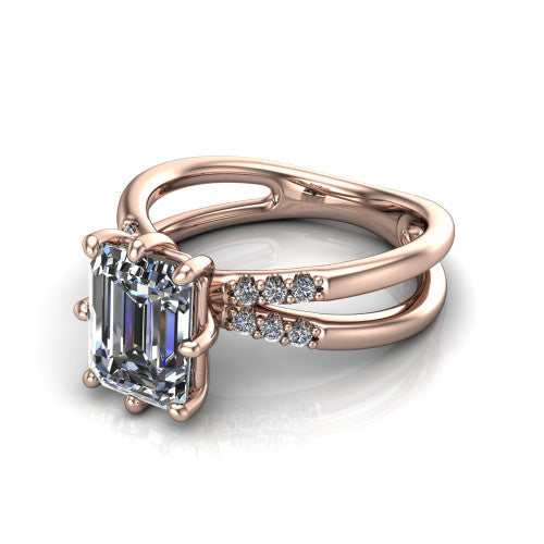 Raven emerald solitaire engagement ring in 14K Rose Gold, three-quarter perspective showing the emerald center diamond above a split dual-shank band
