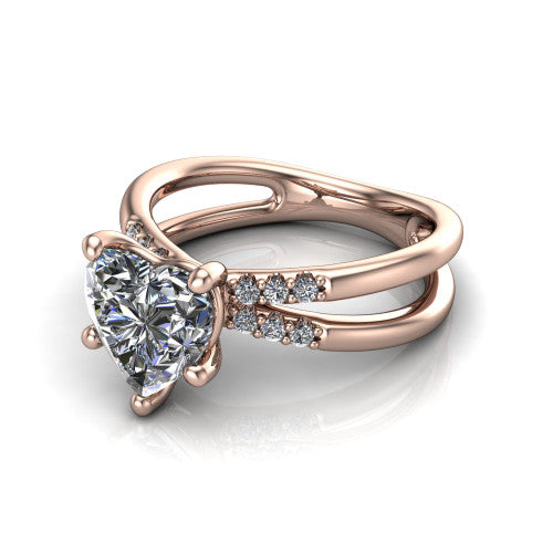 Raven heart solitaire engagement ring in 14K Rose Gold, three-quarter perspective showing the heart center diamond above a split dual-shank band