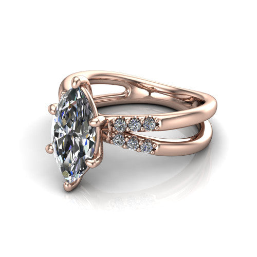 Raven marquise solitaire engagement ring in 14K Rose Gold, three-quarter perspective showing the marquise center diamond above a split dual-shank band