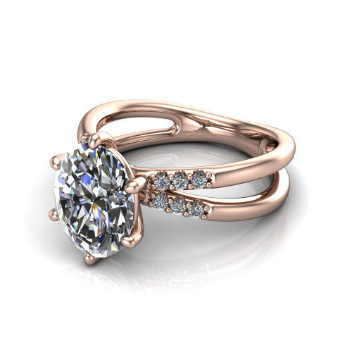 Raven oval solitaire engagement ring in 14K Rose Gold, three-quarter perspective showing the oval center diamond above a split dual-shank band