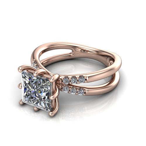 Raven princess solitaire engagement ring in 14K Rose Gold, three-quarter perspective showing the princess center diamond above a split dual-shank band