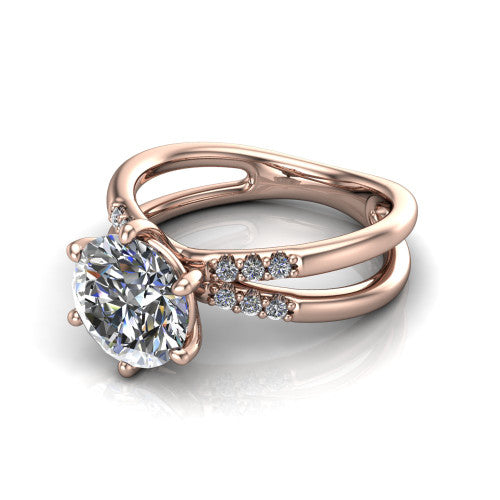 Raven round solitaire engagement ring in 18K Rose Gold, three-quarter perspective showing the round center diamond above a split dual-shank band