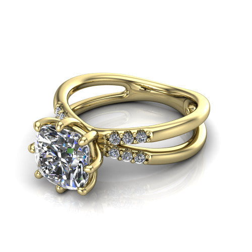 Raven cushion solitaire engagement ring in 14K Yellow Gold, three-quarter perspective showing the cushion center diamond above a split dual-shank band