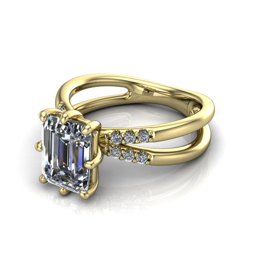 Raven emerald solitaire engagement ring in 14K Yellow Gold, three-quarter perspective showing the emerald center diamond above a split dual-shank band