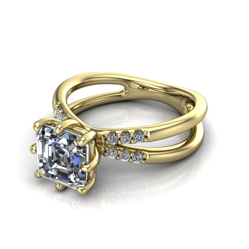 Raven square emerald solitaire engagement ring in 14K Yellow Gold, three-quarter perspective showing the square emerald center diamond above a split dual-shank band