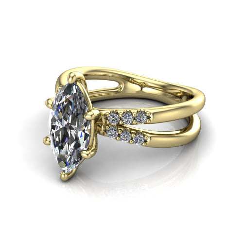Raven marquise solitaire engagement ring in 18K Yellow Gold, three-quarter perspective showing the marquise center diamond above a split dual-shank band