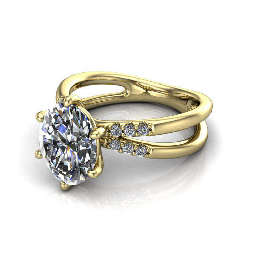 Raven oval solitaire engagement ring in 18K Yellow Gold, three-quarter perspective showing the oval center diamond above a split dual-shank band