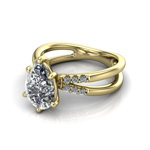 Raven pear solitaire engagement ring in 18K Yellow Gold, three-quarter perspective showing the pear center diamond above a split dual-shank band