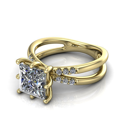 Raven princess solitaire engagement ring in 18K Yellow Gold, three-quarter perspective showing the princess center diamond above a split dual-shank band