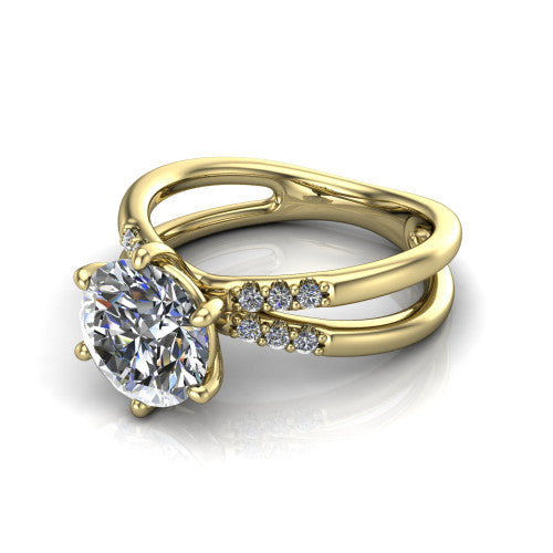 Raven round solitaire engagement ring in 14K Yellow Gold, three-quarter perspective showing the round center diamond above a split dual-shank band