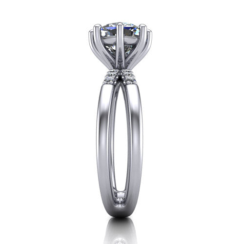 Raven cushion solitaire engagement ring in 18K White Gold, side profile showing the accent diamonds along the dual band